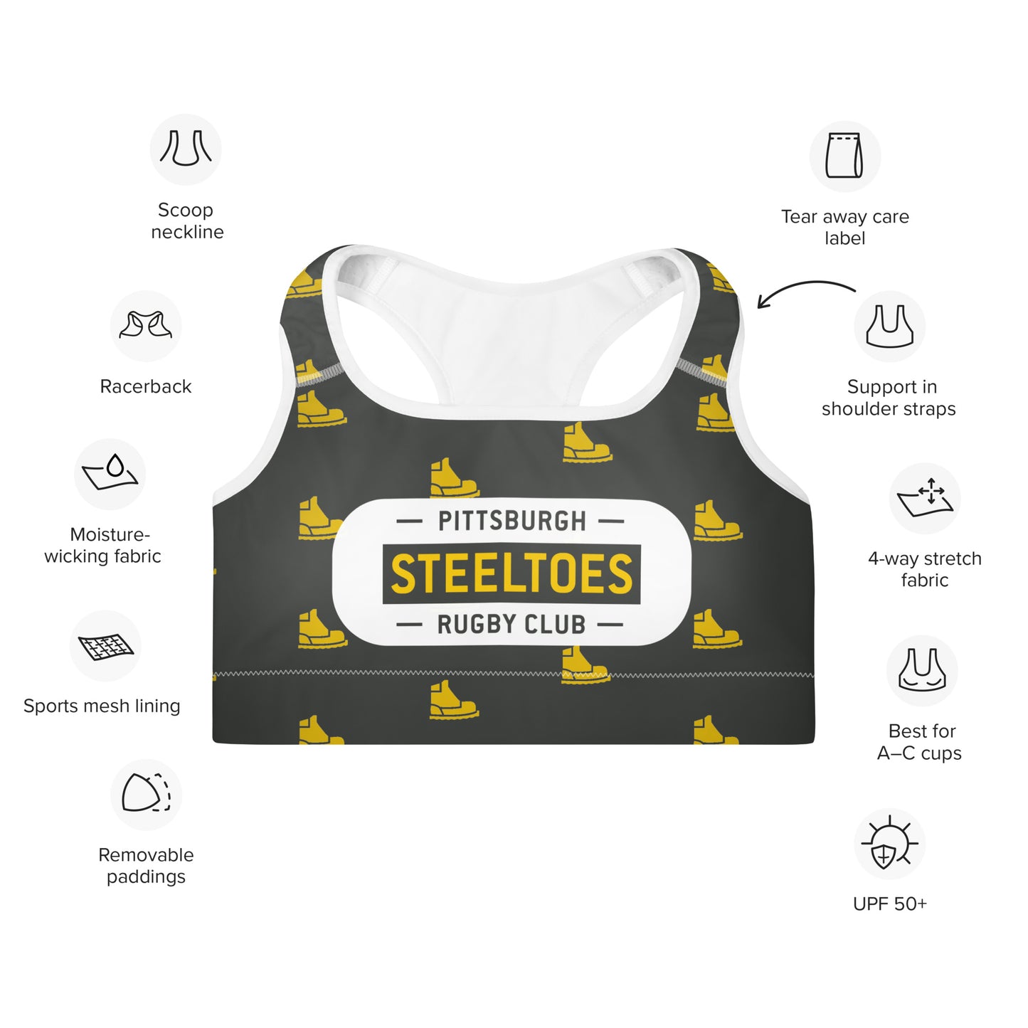 Pittsburgh Steeltoes Pattern Padded Sports Bra